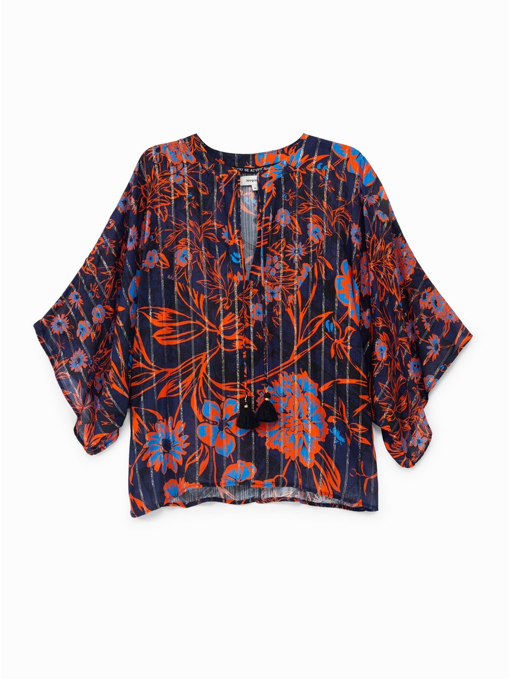 Desigual "Siena" Floral Batwing Sleeve Metallic Stripe Blouse Size Medium